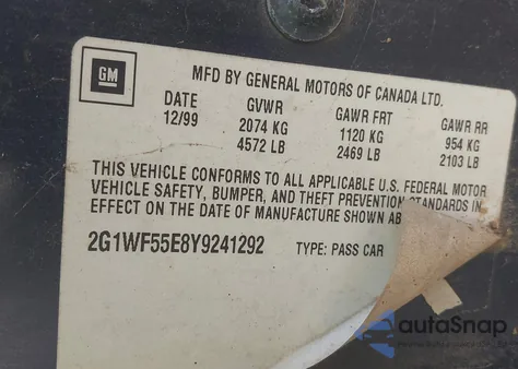 2000 Chevrolet Impala from USA, damaged, VIN 2G1WF55E8Y9241292